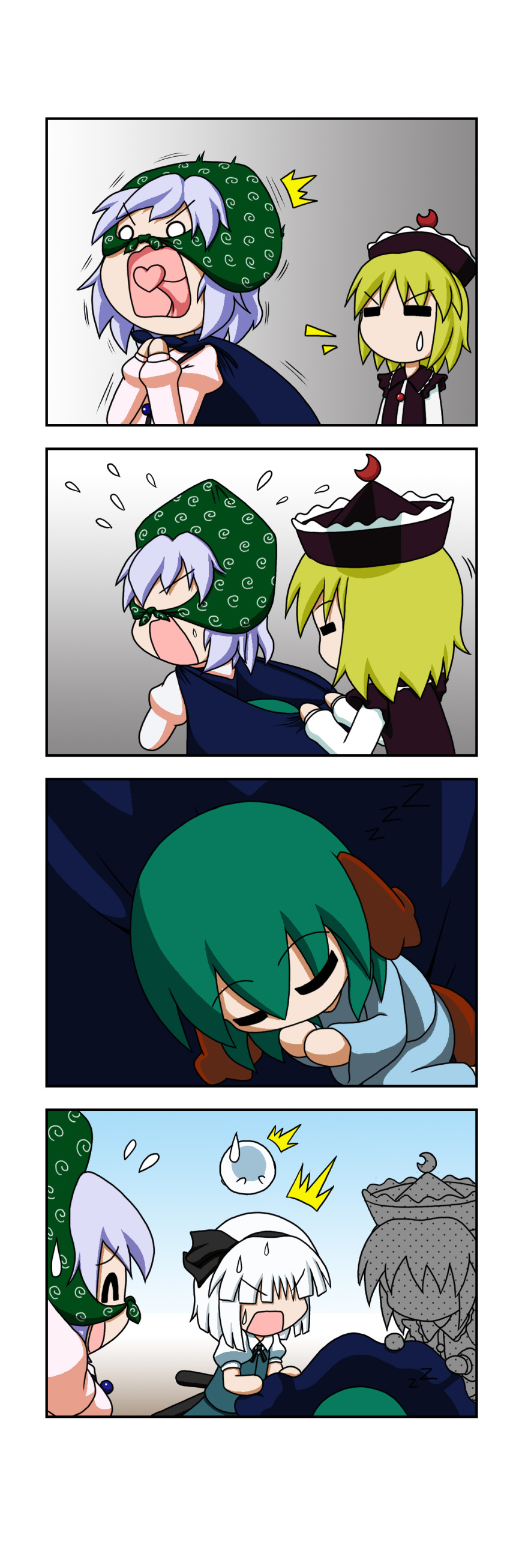 4girls 4koma =_= absurdres animal_ears bag blonde_hair comic dog_ears dog_tail flying_sweatdrops furoshiki gradient gradient_background green_hair hat heart heart_in_mouth highres kasodani_kyouko kidnapping konpaku_youmu konpaku_youmu_(ghost) lavender_hair lunasa_prismriver merlin_prismriver multiple_girls o_o open_mouth pajamas rakugaki-biyori short_hair silent_comic sleeping sneaking surprised sweat sweatdrop tail touhou turn_pale