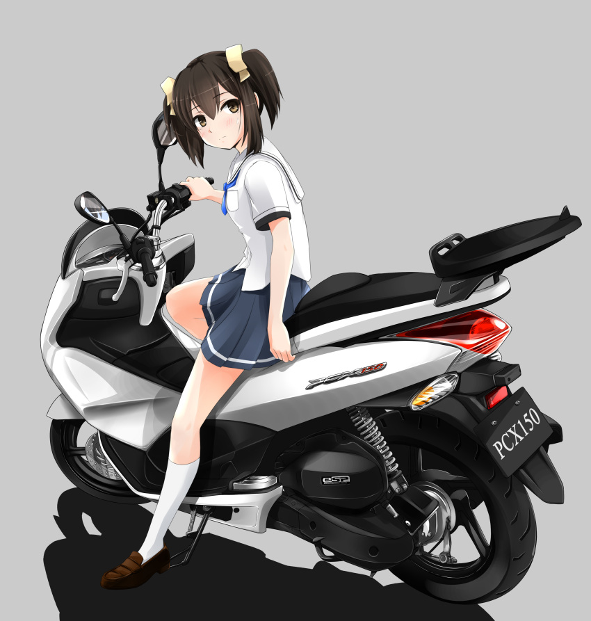 1girl absurdres bakuon!! bow brown_hair commentary_request ground_vehicle hair_ribbon highres looking_at_viewer motor_vehicle motorcycle nakano_chisame ribbon school_uniform scooter short_twintails solo suzuki-shi twintails