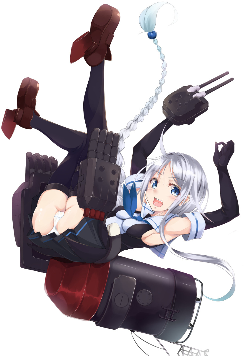 1girl absurdres ahoge armpits arms_up black_gloves black_legwear black_skirt blue_eyes blush braid breasts brown_shoes character_request elbow_gloves gloves hazuki_gyokuto highres kantai_collection long_hair looking_at_viewer neckerchief open_mouth panties pantyshot pleated_skirt shoes sideboob silver_hair simple_background single_braid skirt smokestack solo thigh-highs turret umikaze_(kantai_collection) underwear white_background white_panties