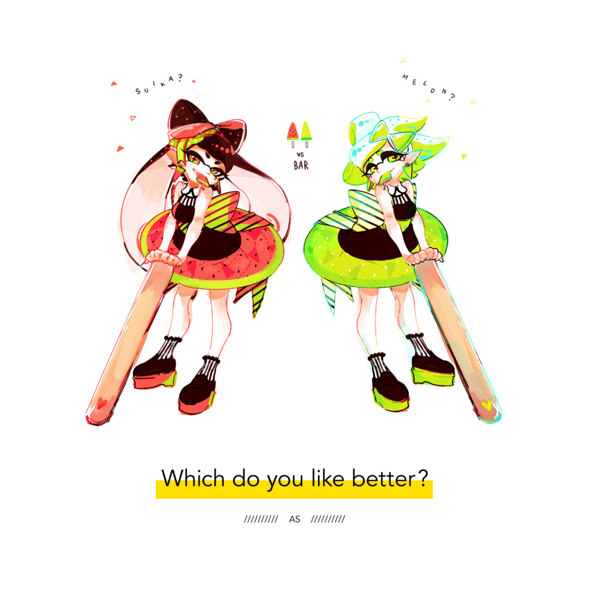 +_+ 2girls alternate_costume aori_(splatoon) black_hair breasts brown_eyes domino_mask dress earrings eating english food food_on_head full_body heart highres holding hotaru_(splatoon) jewelry large_breasts long_hair looking_at_viewer mask mole mole_under_eye multiple_girls object_on_head oversized_object pointy_ears popsicle pose print_dress seto_(asils) shoes short_dress short_hair sleeveless sleeveless_dress smile splatoon standing tentacle_hair watermelon_bar white_hair