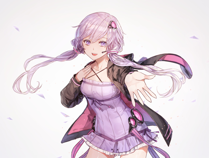 1girl :d animal_hood bunny_hood collarbone cowboy_shot dress gluteal_fold hair_ornament hand_on_own_chest headset hood hood_down hoodie limobok long_hair looking_at_viewer open_mouth outstretched_arm purple_dress purple_hair smile solo strapless strapless_dress teeth tube_dress twintails violet_eyes vocaloid voiceroid wind yuzuki_yukari