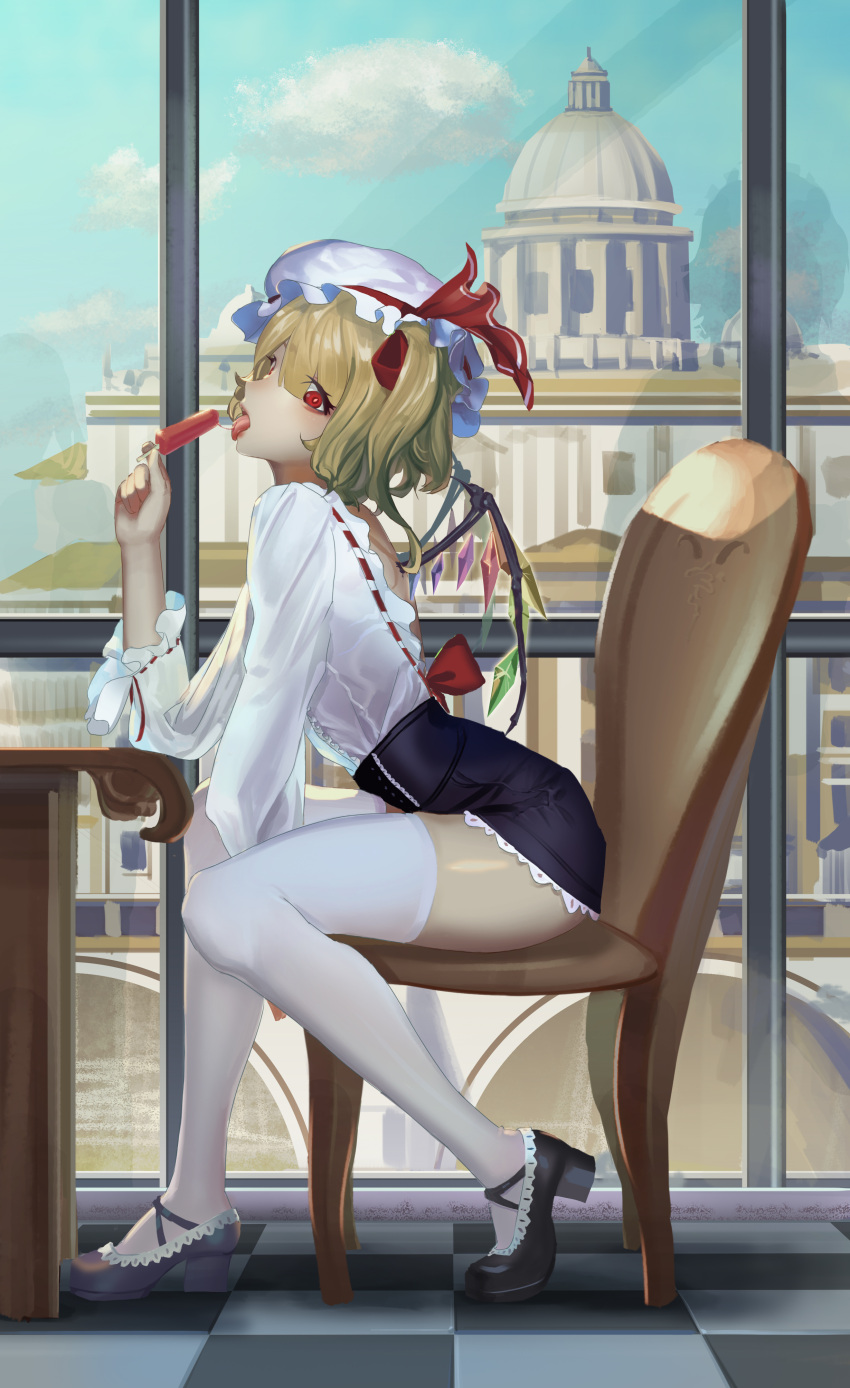 1girl absurdres alternate_costume back_cutout backless_outfit bangs black_shoes black_skirt blonde_hair blouse bow building cafe chair checkered checkered_floor clouds contemporary crystal elbow_rest flandre_scarlet frills from_side full_body hat hat_ribbon high_heels highres indoors leaning_forward licking liyou-ryon long_sleeves looking_at_viewer miniskirt mob_cap popsicle profile red_eyes ribbon ribbon-trimmed_sleeves ribbon_trim shiny shiny_skin shirt shoes short_hair side_ponytail sitting skirt sky solo thigh-highs thighs tongue tongue_out touhou white_blouse white_legwear window wings