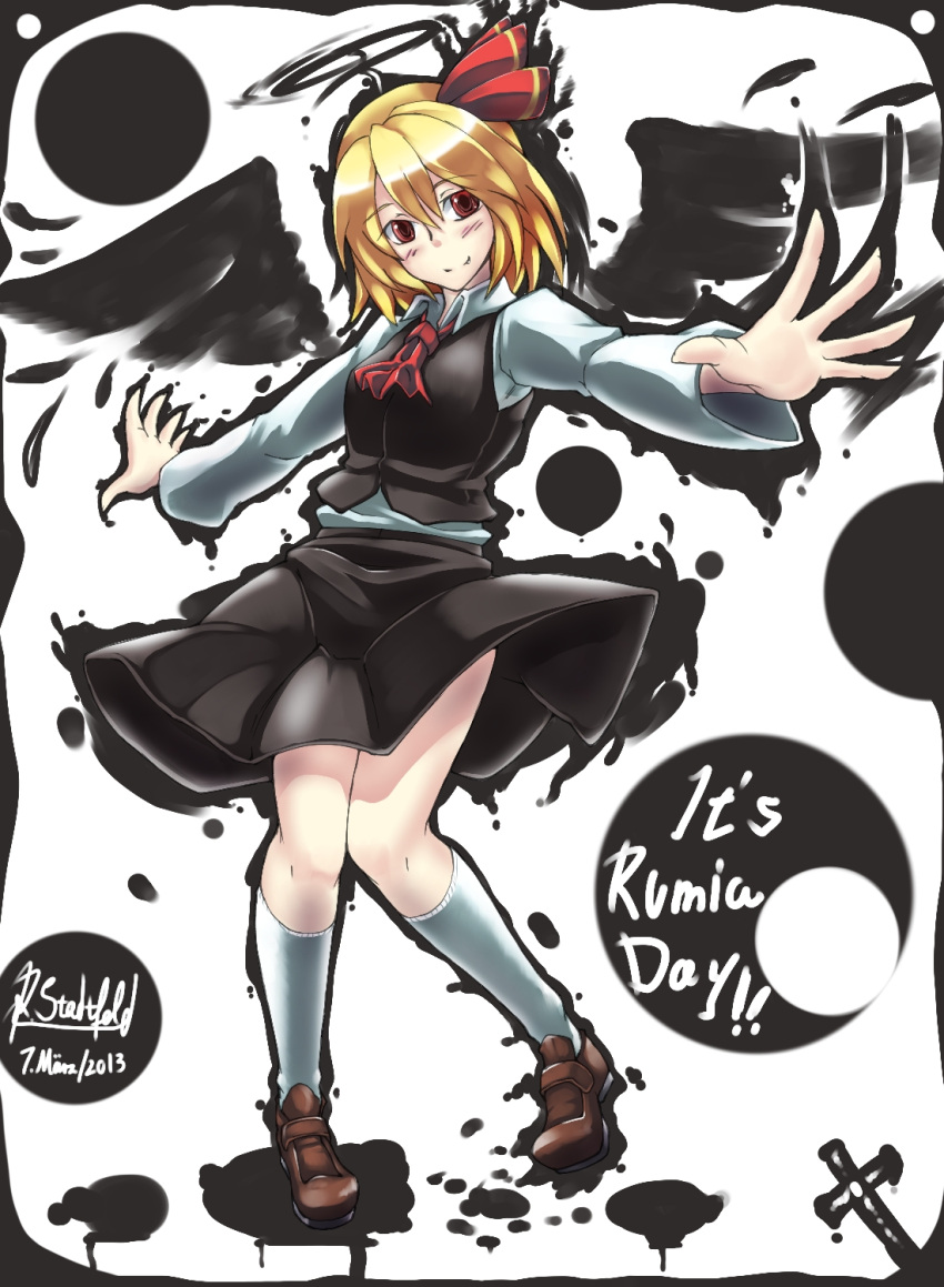 1girl anniversary ascot black_skirt black_vest black_wings blonde_hair blush brown_shoes collared_shirt cross darkness dated english full_body hair_ribbon halo highres knees_together_feet_apart long_sleeves looking_at_viewer outstretched_arms red_eyes red_ribbon ribbon rumia ryuuno_stadtfeld shirt shoes short_hair signature skirt skirt_set smile socks solo spread_arms touhou white_legwear white_shirt wing_collar wings