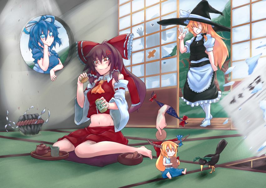 6+girls ^_^ anger_vein apron ascot bare_shoulders barefoot blue_ribbon blue_vest blush bow cheek_rest chibi chin_rest cirno closed_eyes cup eating gap glass_shards grin groin hair_bow hair_ornament hair_rings hair_stick hair_tubes hakurei_reimu hat hat_ribbon highres hole_in_wall horn_ribbon horns ibuki_suika indoors kaku_seiga keystone kirisame_marisa midriff multiple_girls navel newspaper peeking red_bow reiuji_utsuho reiuji_utsuho_(bird) ribbon ryuuno_stadtfeld senbei sitting smile sunlight teacup touhou waist_apron wariza white_ribbon witch_hat yakumo_yukari