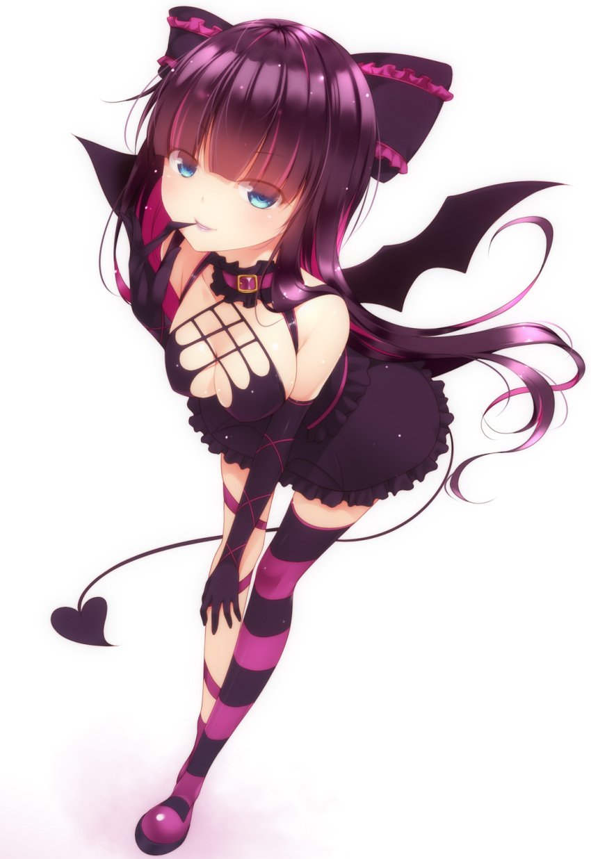 1girl bangs bare_shoulders bat_wings bent_over biting black_dress black_gloves black_hair blunt_bangs bow breasts cleavage collar commentary_request demon_tail dress elbow_gloves glove_biting gloves hair_bow highres long_hair looking_at_viewer multicolored_hair panty_&amp;_stocking_with_garterbelt pink_hair shokuyou_mogura simple_background single_thighhigh smile solo stocking_(psg) striped striped_legwear tail thigh-highs two-tone_hair white_background wings