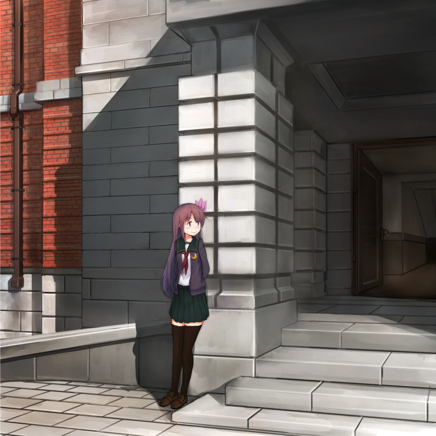1girl absurdres against_wall arms_behind_back black_legwear blush brick_wall brown_eyes brown_hair brown_shoes cardigan chamu_(chammkue) closed_mouth collarbone crescent door drainpipe green_skirt hair_ornament highres kantai_collection kisaragi_(kantai_collection) loafers long_hair looking_to_the_side neckerchief open_cardigan open_clothes open_door outdoors pleated_skirt remodel_(kantai_collection) sailor_collar shadow shirt shoes skirt smile solo stairs standing thigh-highs white_shirt zettai_ryouiki