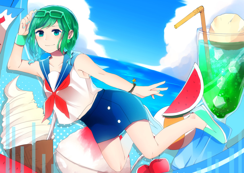 apple aqua_eyes braid food fruit glasses green_hair gumi highres ice_cream satou_chisaki short_braid short_hair vocaloid watermelon