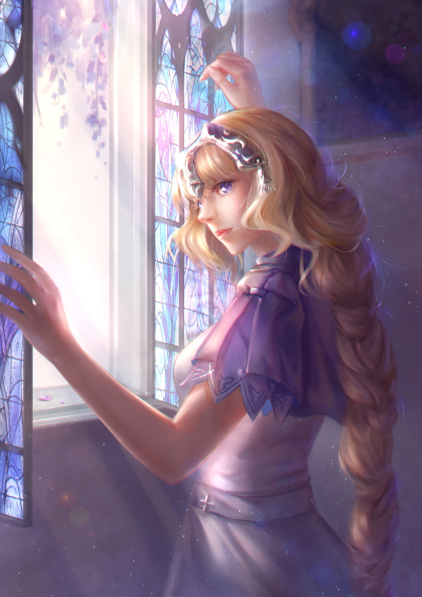 1girl asanogawa_(tutufcc) blonde_hair braid breasts dress dust fate/apocrypha fate/grand_order fate_(series) headgear highres lips long_hair open_window ruler_(fate/apocrypha) ruler_(fate/grand_order) smile solo stained_glass sunlight violet_eyes window