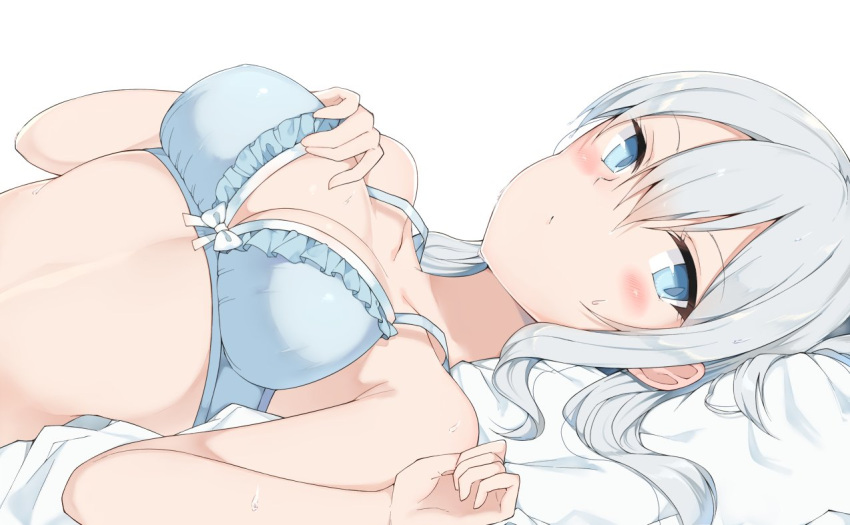 1girl blue_bra blue_eyes blush bra cole grey_hair hand_on_own_chest kantai_collection kashima_(kantai_collection) long_hair looking_at_viewer lying on_back on_bed solo underwear underwear_only upper_body white_background