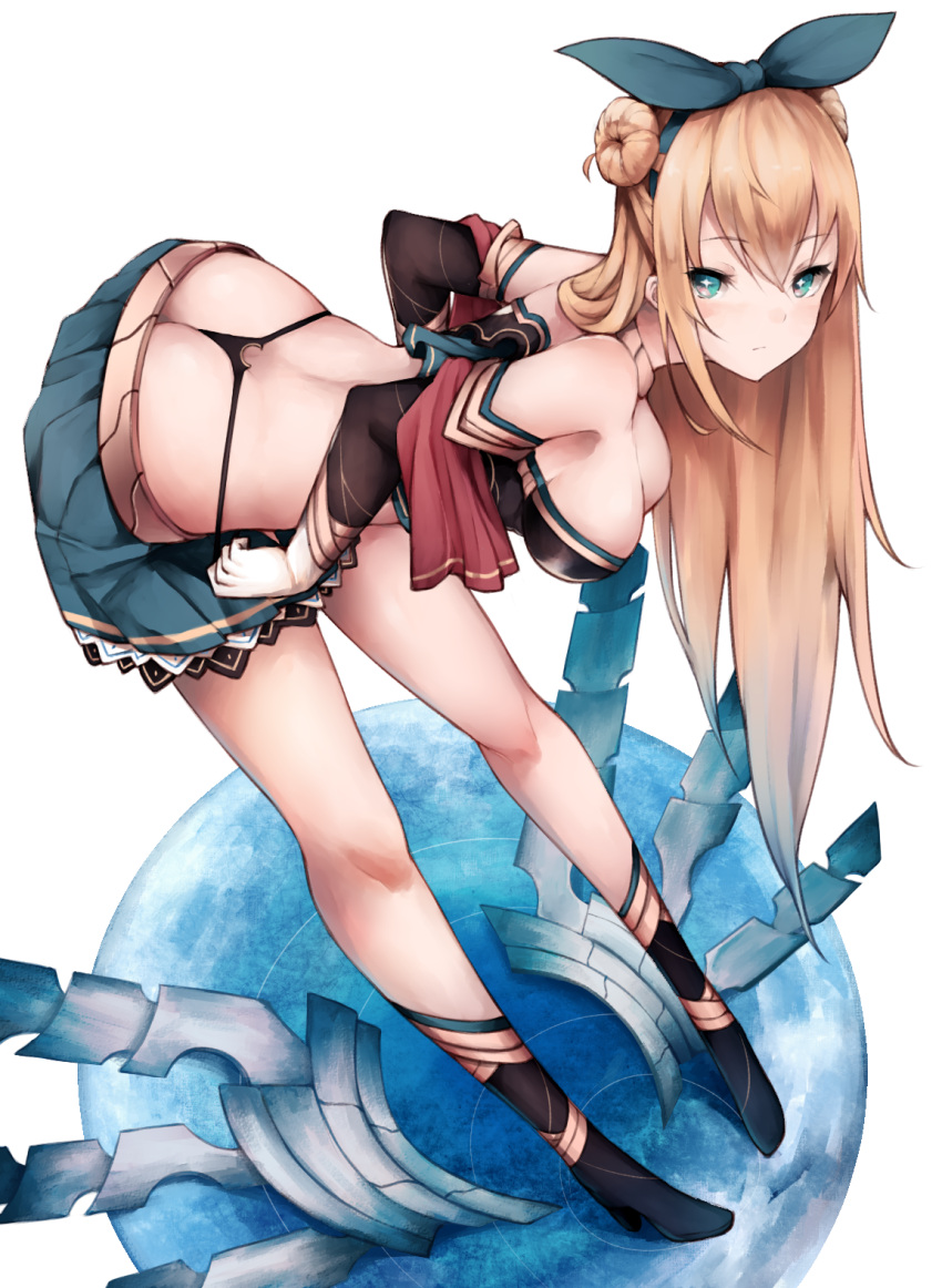 1girl :/ aqua_eyes ass black_gloves blonde_hair blue_ribbon blue_skirt blush boots breasts commentary double_bun elbow_gloves eyebrows eyebrows_visible_through_hair full_body gloves hair_between_eyes hair_ribbon high_heel_boots high_heels highres inaba_sunimi lace lace-trimmed_skirt leaning_forward legs long_hair original panties pleated_skirt ribbon sideboob simple_background skirt solo standing star star-shaped_pupils string_pull symbol-shaped_pupils thighs thong thong_panties underwear white_background white_gloves