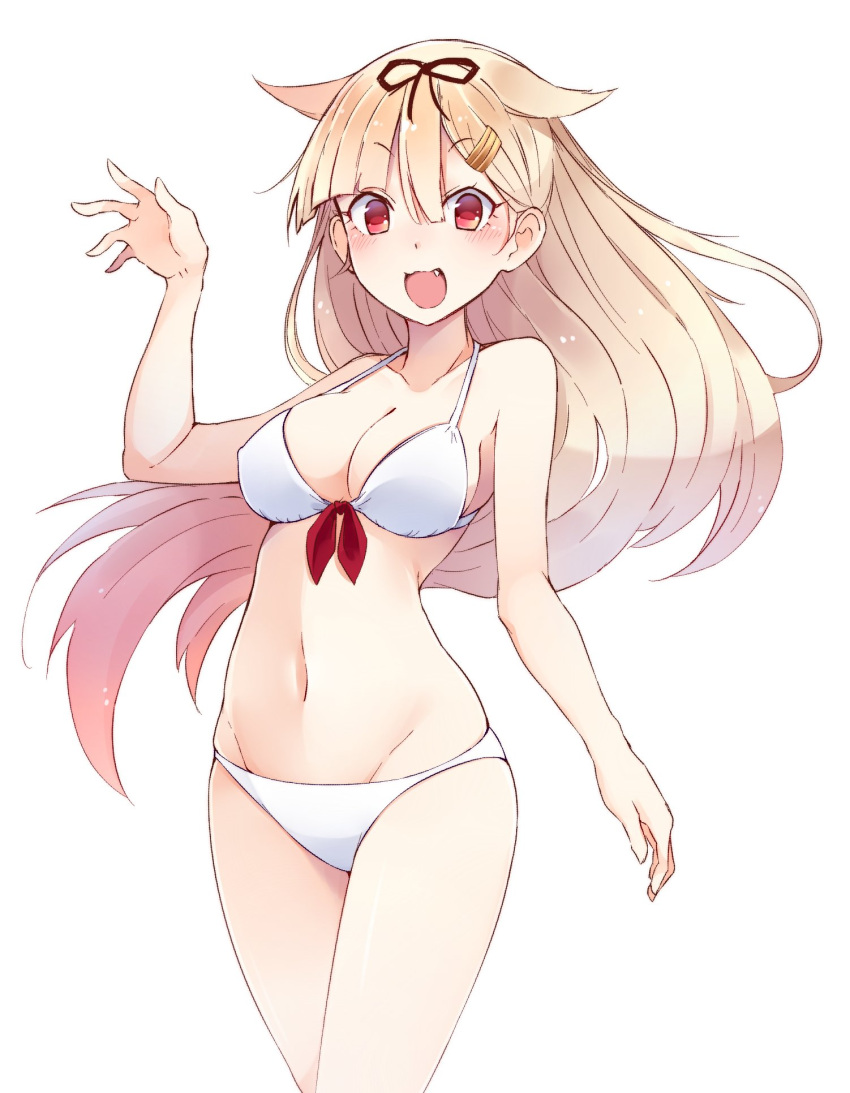 1girl aliasing alternate_costume bare_shoulders bikini blonde_hair breasts cleavage hair_flaps hair_ornament hairclip highres kantai_collection long_hair looking_at_viewer makiya_1919 medium_breasts navel red_eyes remodel_(kantai_collection) simple_background solo swimsuit white_background white_bikini yuudachi_(kantai_collection)