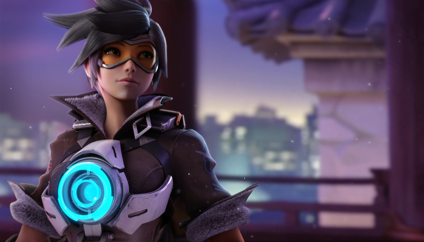 1girl 3d architecture bangs bodysuit bomber_jacket brown_eyes brown_hair brown_jacket east_asian_architecture fur_trim goggles harness highres jacket kevin_lumoindong leather leather_jacket light_smile lips logo overwatch pink_lips short_hair short_sleeves sleeves_rolled_up solo spiky_hair swept_bangs tracer_(overwatch) union_jack upper_body vambraces