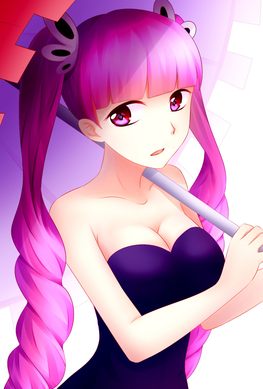 1girl arm bare_arms bare_shoulders breasts cleavage collarbone dress drill_hair eyelashes female heart heart-shaped_pupils highres large_breasts long_hair looking_at_viewer neck one_piece open_mouth perona pink_eyes pink_hair purple_dress scrunchie solo strapless strapless_dress symbol-shaped_pupils twin_drills umbrella upper_body zhandouli_zhaganga zhandouli⑨zhagangan