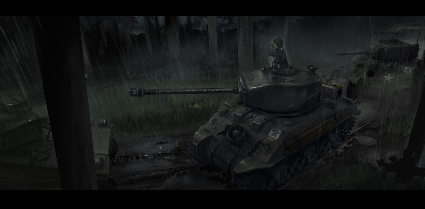 1girl bad_id dark female forest fury_(movie) girls_und_panzer ground_vehicle highres m4_sherman military military_vehicle motor_vehicle nature outdoors plant rain raincoat renatus.z solo tank