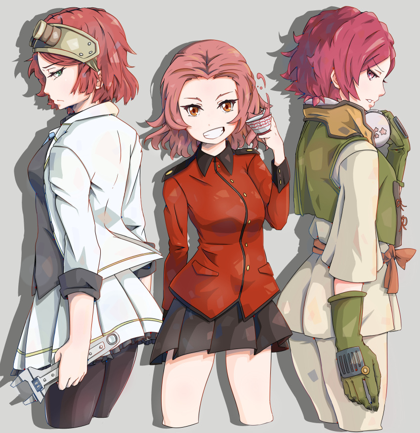 3girls arm_behind_back bangs black_legwear black_shirt black_skirt brown_eyes cropped_legs crossover cup from_side girls_und_panzer gloves goggles goggles_on_head grin highres holding jacket koutetsujou_no_kabaneri long_sleeves look-alike looking_at_viewer military military_uniform minase_koito minase_koito_(cosplay) miniskirt multiple_crossover multiple_girls musaigen_no_phantom_world open_clothes open_jacket pantyhose parted_bangs pleated_skirt red_eyes red_jacket redhead rlin rosehip shadow shirt short_hair sketch skirt sleeves_rolled_up smile spilling standing tea teacup trait_connection uniform white_jacket white_skirt wrench yukina_(kabaneri) yukina_(kabaneri)_(cosplay)