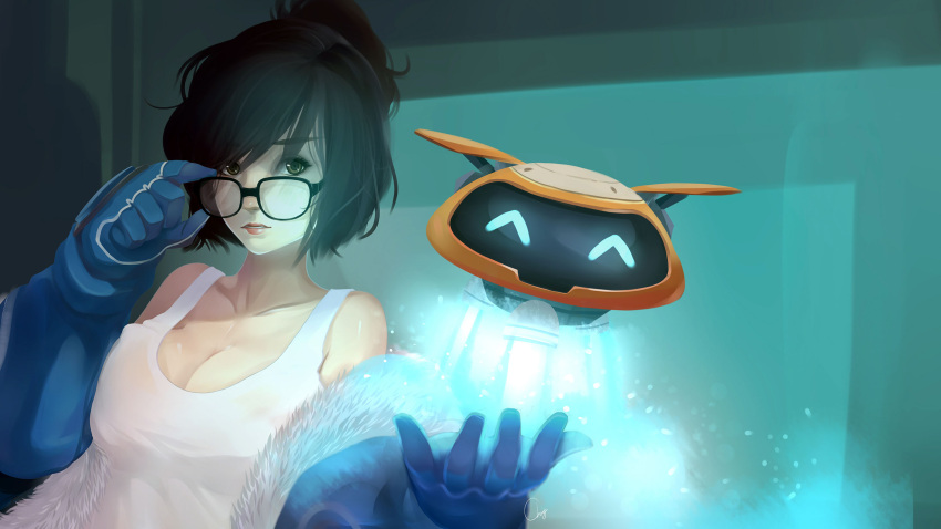 1girl adjusting_glasses black-framed_eyewear black-framed_glasses black_hair breasts brown_eyes cleavage coat collarbone frost fur_coat fur_trim glasses gloves hair_bun hair_ornament highres large_breasts looking_at_viewer mei_(overwatch) overwatch parted_lips removing_glasses shirt short_hair signature solo superpotato tank_top undressing upper_body white_shirt