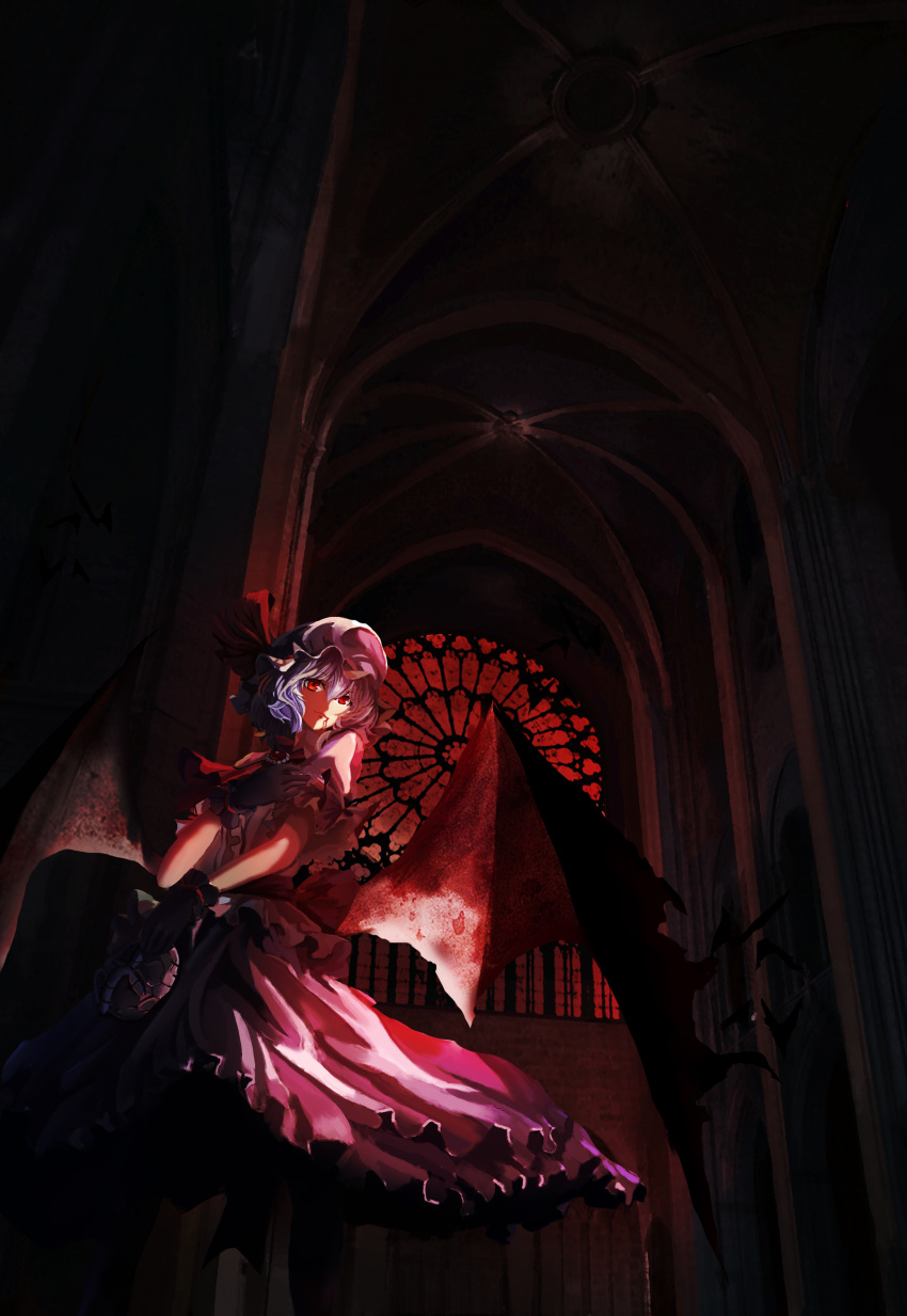 1girl absurdres bat_wings blood blood_from_mouth blue_hair cravat dress gloves hand_on_own_chest hat highres interior red_eyes remilia_scarlet solo stained_glass touhou wings yongzhe_mei_hong
