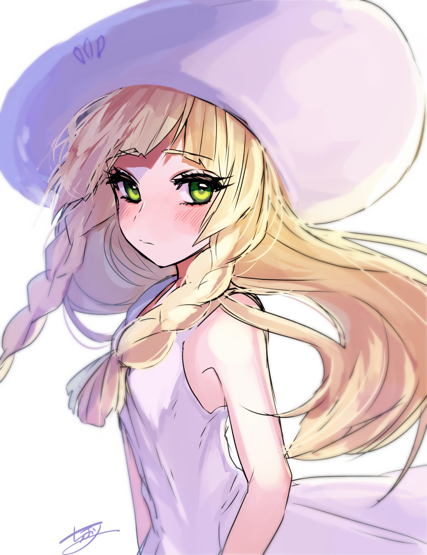 1girl absurdres bangs bare_arms blonde_hair blunt_bangs blush braid closed_mouth collared_dress dress eyebrows eyebrows_visible_through_hair green_eyes hat highres lgw7 lillie_(pokemon) long_hair looking_away looking_to_the_side pokemon pokemon_(game) pokemon_sm signature sleeveless sleeveless_dress solo sun_hat sundress twin_braids upper_body white_dress white_hat