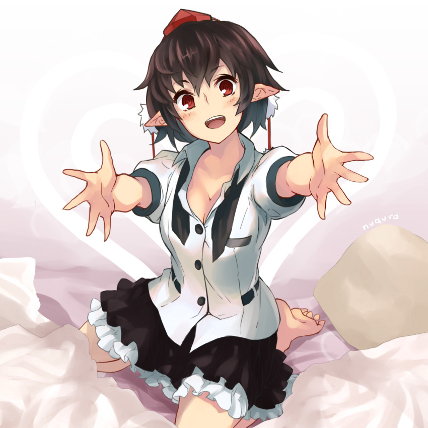1girl :d artist_name barefoot bed black_hair blush breasts cleavage collared_shirt dress_shirt eyebrows eyebrows_visible_through_hair hair_between_eyes hat head_tilt heart highres hug large_breasts looking_at_viewer nuqura on_bed open_clothes open_mouth outstretched_arms outstretched_hand pillow pointy_ears pom_pom_(clothes) puffy_short_sleeves puffy_sleeves reaching_out red_eyes shameimaru_aya shirt short_hair short_sleeves sitting skirt smile solo tokin_hat touhou wariza
