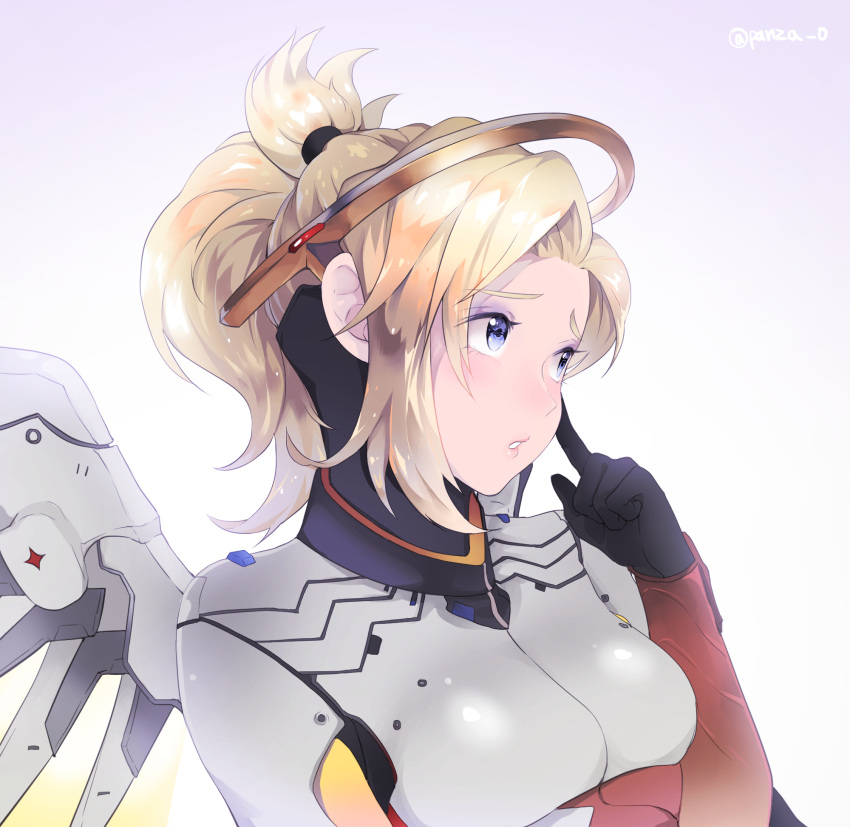 1girl bad_id bad_pixiv_id blonde_hair blue_eyes blush bodysuit breasts finger_to_cheek gloves gradient gradient_background high_ponytail highres large_breasts lips long_hair mechanical_halo mechanical_wings mercy_(overwatch) overwatch panza parted_lips ponytail solo twitter_username upper_body white_background wings
