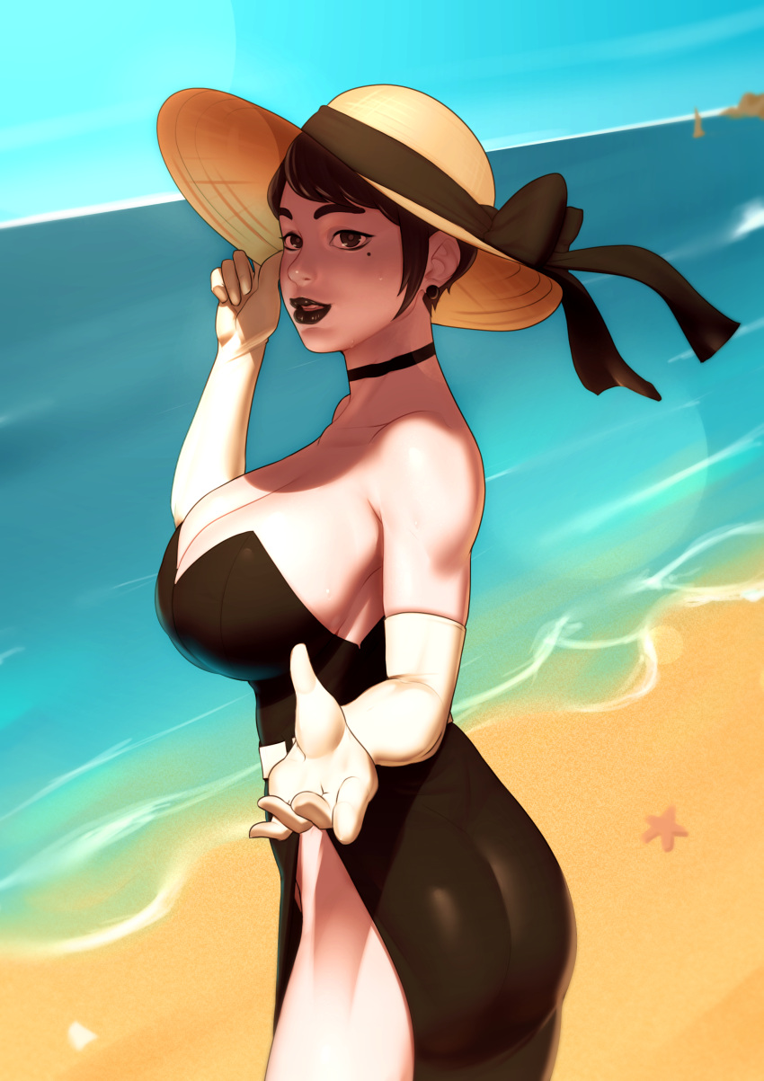 1girl absurdres ass beach black_dress black_eyes black_hair black_lipstick borrowed_character breasts choker cleavage dress hat highres john_doe large_breasts lips lipstick looking_at_viewer makeup miss_chance_(gastrictank) mole mole_under_eye no_bra no_panties original pale_skin short_hair side_slit solo strapless strapless_dress sun_hat water