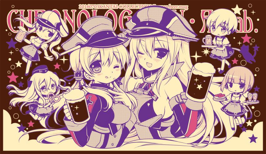 2016 6+girls :d ;q alcohol alternate_costume anchor anchor_hair_ornament apron bangs bare_shoulders beer beer_mug bismarck_(kantai_collection) blunt_bangs blush breasts carrying cat character_name chibi_inset choker closed_mouth copyright_name dated dirndl elbow_gloves eyebrows eyebrows_visible_through_hair foam food food_on_face garrison_cap german_clothes gloves graf_zeppelin_(kantai_collection) hair_between_eyes hair_ornament hat holding holding_food iron_cross kantai_collection limited_palette long_hair low_twintails military military_uniform multiple_girls number one_eye_closed open_mouth peaked_cap pretzel prinz_eugen_(kantai_collection) puffy_short_sleeves puffy_sleeves sakurazawa_izumi sausage short_hair short_hair_with_long_locks short_sleeves sideboob sidelocks silhouette smile sparkle star tareme tongue tongue_out tray twintails u-511_(kantai_collection) uniform unsinkable_sam upper_body very_long_hair waist_apron z1_leberecht_maass_(kantai_collection) z3_max_schultz_(kantai_collection)