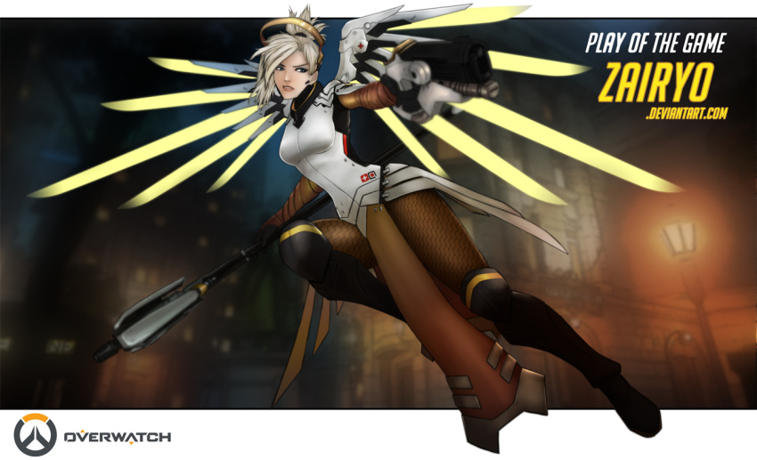 1girl aiming armor armored_dress blue_eyes boots breasts brown_legwear copyright_name dual_wielding faulds gun handgun knee_boots knee_pads lips mechanical_halo mechanical_wings mercy_(overwatch) overwatch pantyhose pistol power_suit short_ponytail silver_hair slender_waist small_breasts solo staff watermark weapon web_address wings zairyo