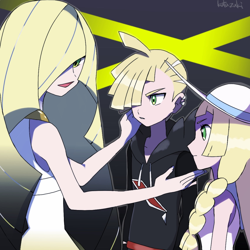 2girls aether_foundation asymmetrical_hair bare_arms blue_hair braid brother_and_sister dress earrings empty_eyes family gladio_(pokemon) gradient gradient_background hair_over_one_eye hand_on_another's_face hat hood hood_down jewelry kuruto. lillie_(pokemon) long_hair lusamine_(pokemon) mother_and_daughter mother_and_son multicolored_hair multiple_girls npc_trainer open_mouth pokemon pokemon_(game) pokemon_sm short_hair siblings sleeveless sleeveless_dress smile streaked_hair twin_braids very_long_hair white_dress white_hat