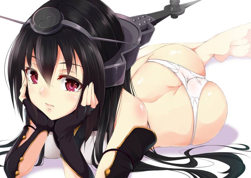 1girl absurdres ass bare_shoulders bent_knees black_gloves black_hair blush butt_crack chin_rest elbow_gloves fingerless_gloves gloves hazuki_gyokuto headgear highres kantai_collection long_hair looking_at_viewer lying nagato_(kantai_collection) on_stomach panties red_eyes solo underwear white_panties