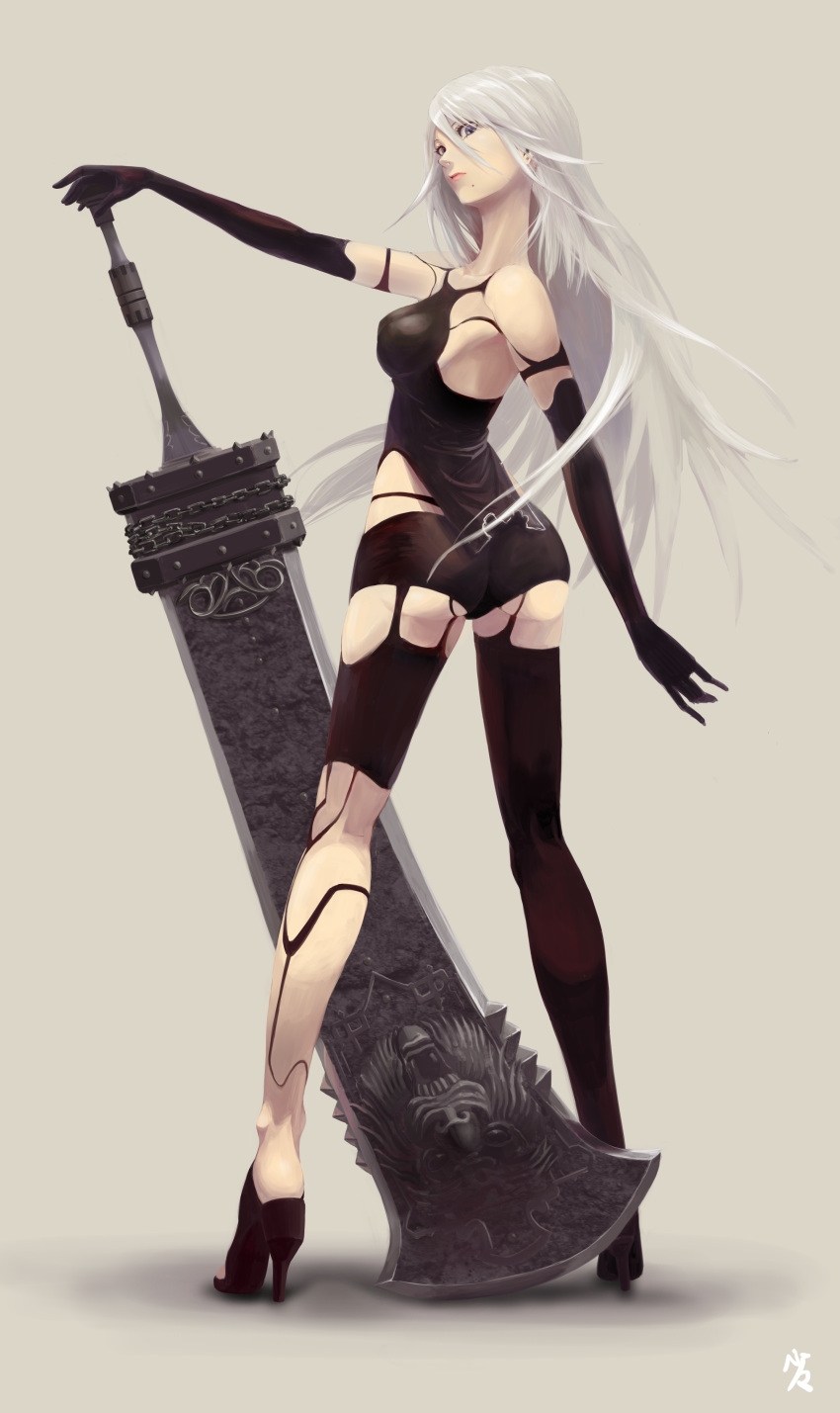 1girl absurdres android ass blue_eyes breasts elbow_gloves from_behind full_body gloves hair_between_eyes hamakado_mondo high_heels highres huge_weapon lips long_hair looking_back medium_breasts mole nier nier_automata shoes short_shorts shorts silver_hair single_thighhigh solo sword tank_top thigh-highs weapon yorha_type_a_no.2