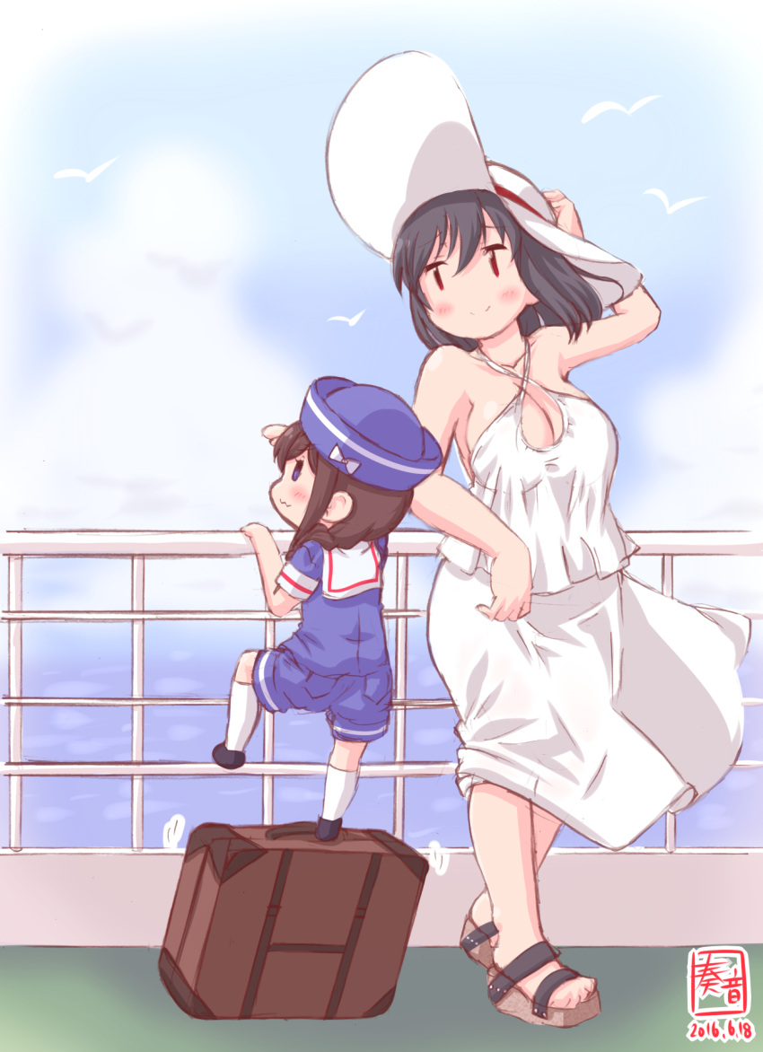 2girls :3 against_railing alternate_costume arm_up bare_shoulders black_hair blue_eyes blush braid breasts brown_hair child commentary_request dated dress hair_over_shoulder hand_on_headwear hat highres kanon_(kurogane_knights) kantai_collection large_breasts long_hair multiple_girls red_eyes sailor_collar sailor_hat sandals shigure_(kantai_collection) short_hair short_sleeves shorts sleeveless sleeveless_dress smile socks suitcase white_dress white_legwear wind yamashiro_(kantai_collection) younger