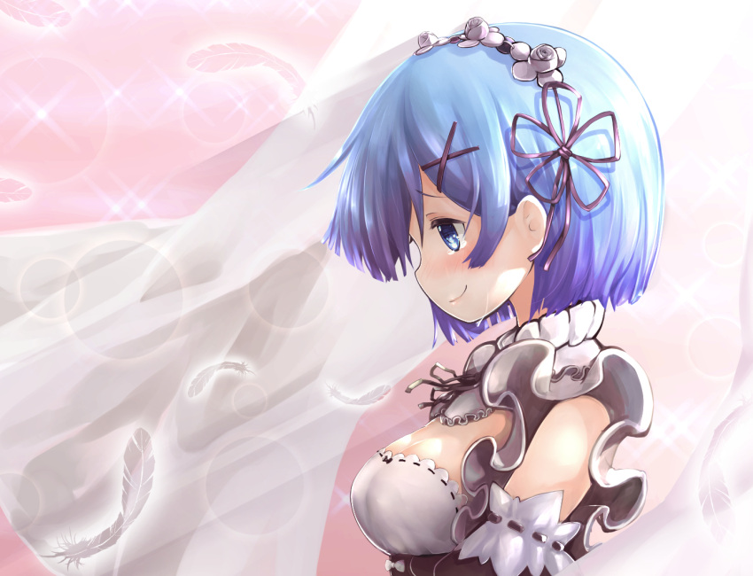 1girl blue_hair breasts cleavage commentary_request detached_sleeves feathers from_side hachachi hair_ornament hairpin looking_down maid maid_headdress medium_breasts profile re:zero_kara_hajimeru_isekai_seikatsu rem_(re:zero) short_hair smile solo tearing_up