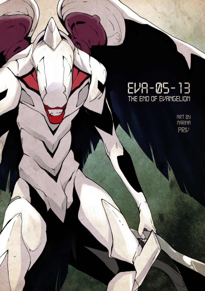 90s end_of_evangelion grin highres mass_production_eva mecha neon_genesis_evangelion no_humans smile solo weapon wings