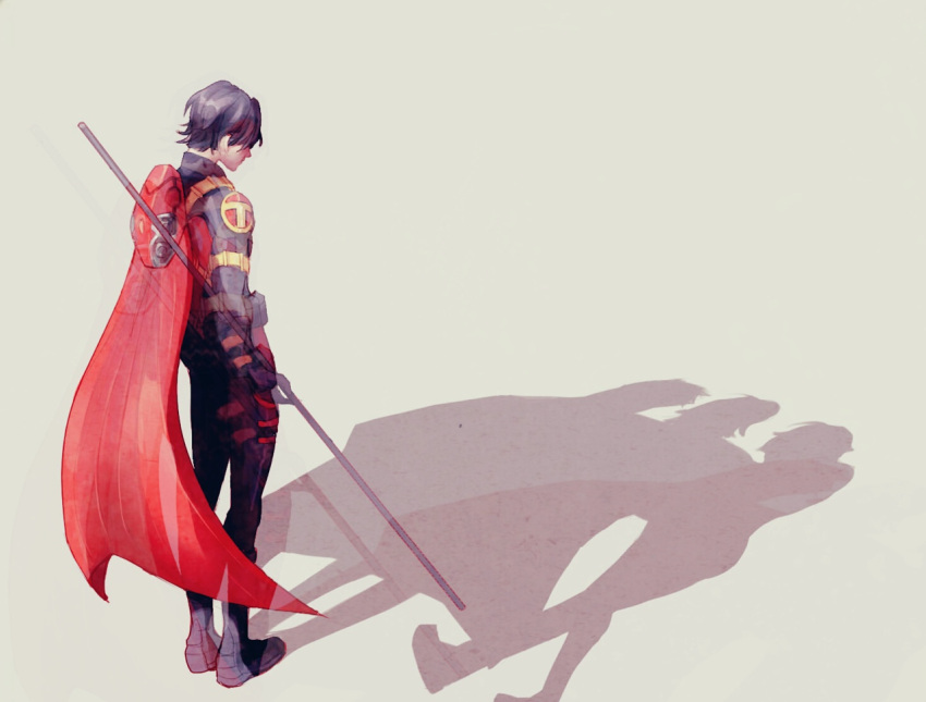 1boy artist_request back bart_allen cape dc_comics death impulse kon-el red_robin silhouette source_request staff standing superboy tim_drake trio weapon young_justice