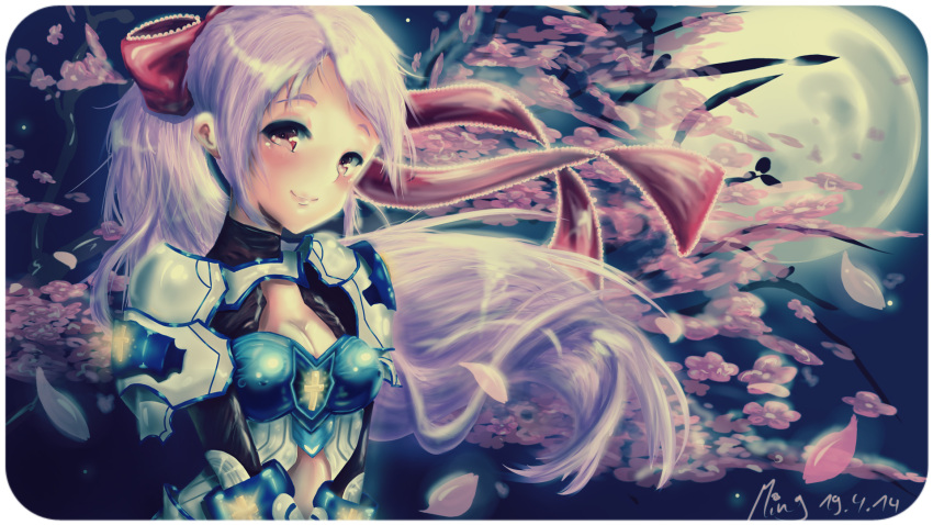 1girl armor artist_request blush bow breasts cherry_blossoms cleavage cutey_honey female fiesta_online flower hair_bow long_hair mingarts moon night petals pink_hair ponytail red_eyes ribbons smile solo source_request wind