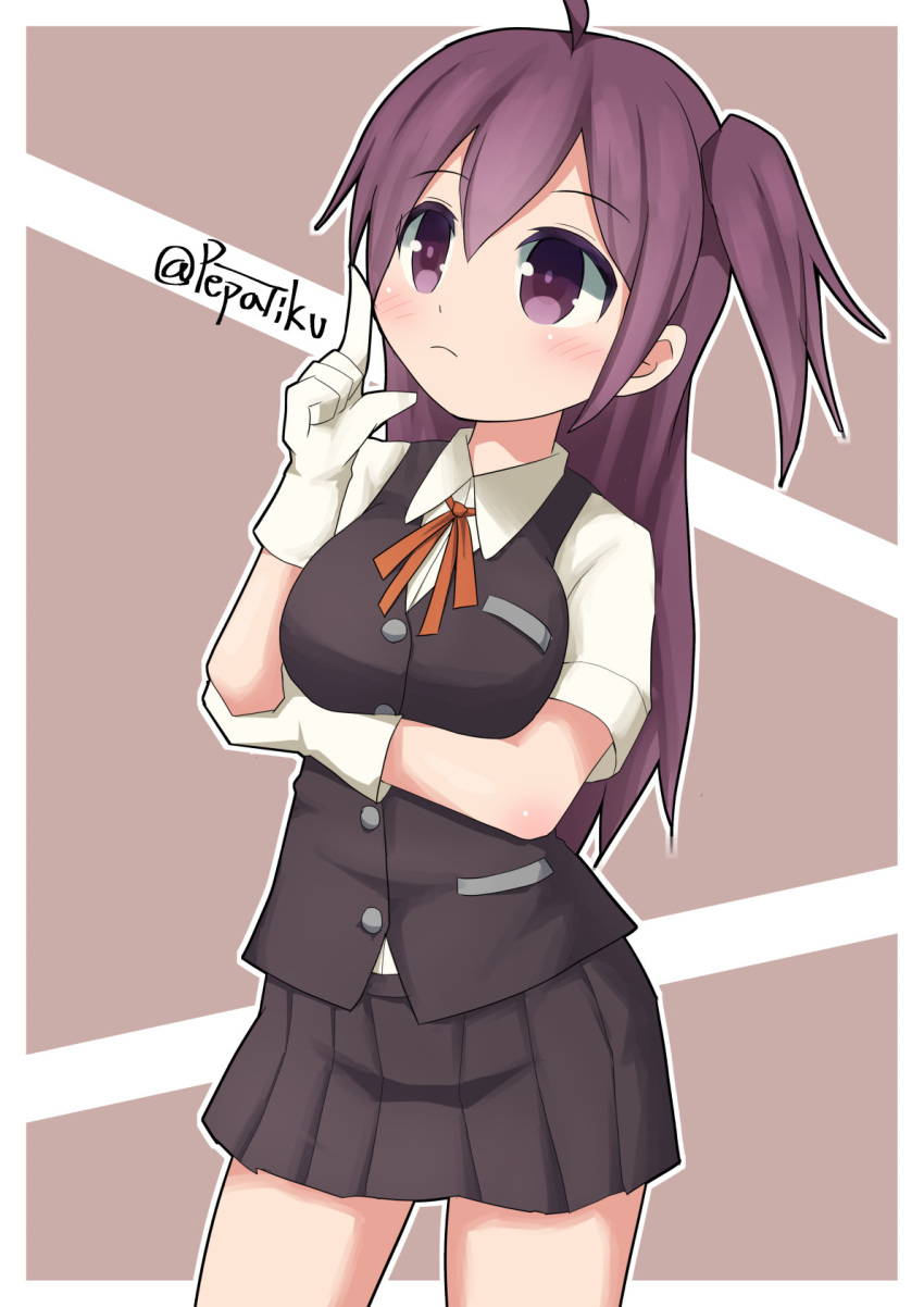 1girl ahoge blouse blush breast_hold breasts commentary_request eyebrows eyebrows_visible_through_hair gloves hagikaze_(kantai_collection) highres kantai_collection long_hair medium_breasts neck_ribbon pepatiku pleated_skirt purple_hair red_ribbon ribbon school_uniform serafuku side_ponytail skirt solo twitter_username vest violet_eyes white_blouse white_gloves