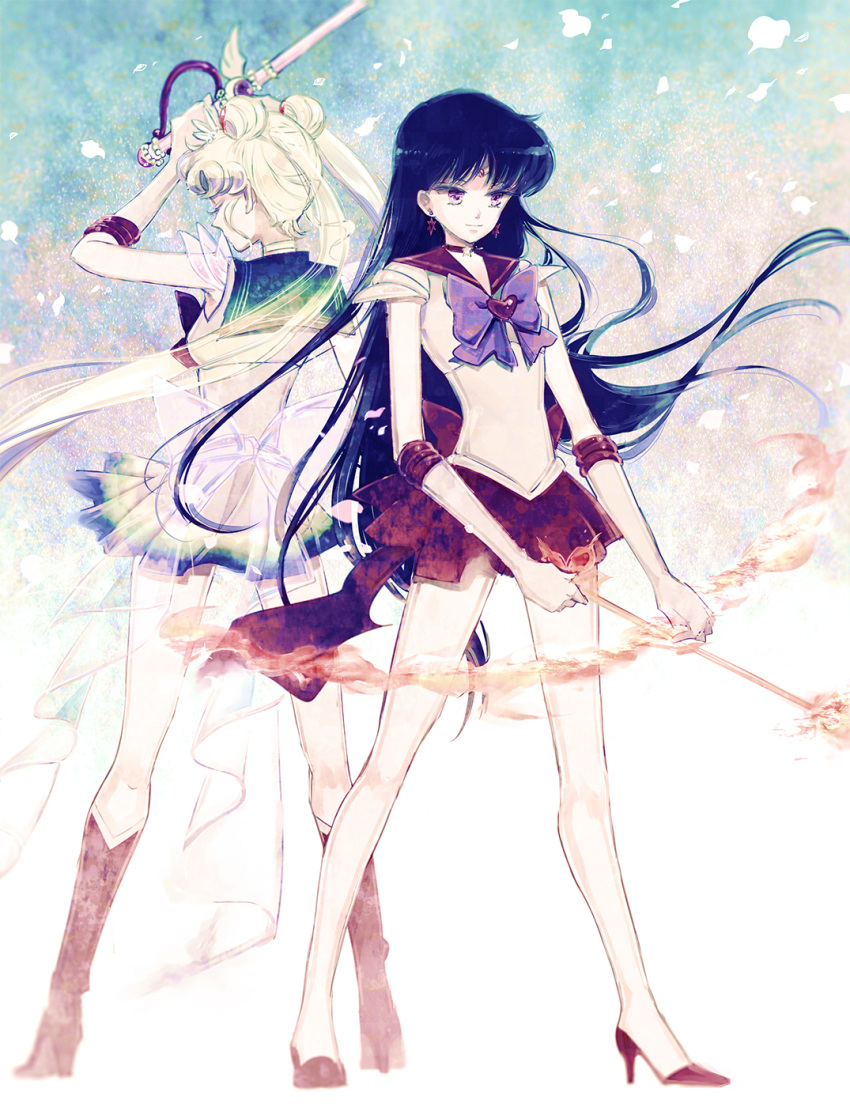 2girls back-to-back bishoujo_senshi_sailor_moon black_hair blonde_hair boots bow bow_(weapon) brooch choker closed_eyes double_bun earrings elbow_gloves full_body gloves hair_ornament hairpin high_heels highres hino_rei jewelry kaleidomoon_scope knee_boots long_hair magical_girl multicolored_background multiple_girls pleated_skirt purple_bow red_boots red_shoes red_skirt sailor_collar sailor_mars sailor_moon sailor_senshi saki_(hxaxcxk) see-through shoes skirt smile standing star star_earrings super_sailor_mars super_sailor_moon tiara tsukino_usagi twintails violet_eyes weapon white_gloves