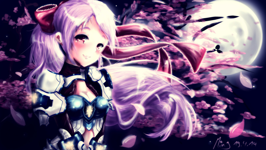 1girl armor blush bow breasts cherry_blossoms cleavage cutey_honey female fiesta_online flower hair_bow long_hair mingarts moon night petals pink_hair ponytail red_eyes ribbons smile solo wind