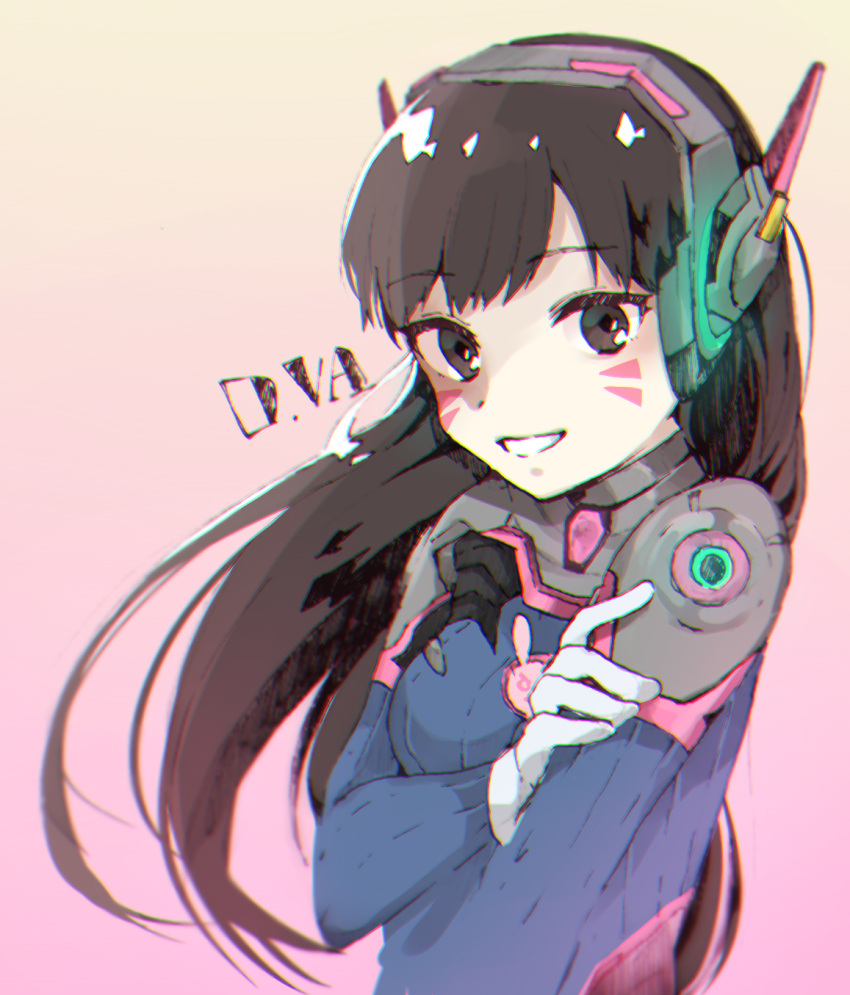 1girl :d armor bangs bodysuit breasts brown_eyes brown_hair bunny_print character_name chromatic_aberration d.va_(overwatch) eyebrows eyebrows_visible_through_hair facepaint facial_mark gloves gradient gradient_background hand_on_own_arm headphones high_collar highres long_hair looking_at_viewer open_mouth overwatch pilot_suit rabbit shoulder_pads smile sofra solo turtleneck upper_body whisker_markings white_gloves