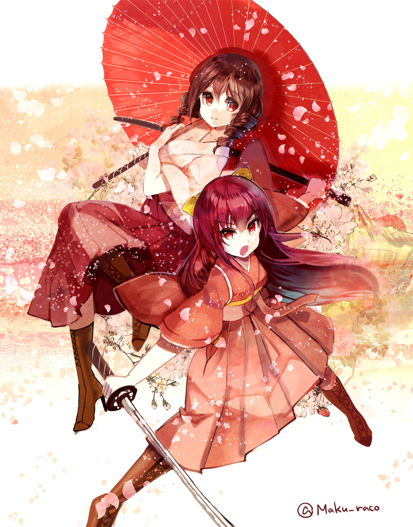 1girl 2girls bangs boots brown_eyes brown_hair cis_(carcharias) commentary_request drill_hair floral_background hair_ribbon hakama harukaze_(kantai_collection) highres holding holding_sword holding_weapon japanese_clothes kamikaze_(kantai_collection) kantai_collection kimono legs_apart long_hair looking_at_viewer meiji_schoolgirl_uniform multiple_girls open_mouth pink_kimono red_clothes red_eyes redhead ribbon sheath smile sword tasuki twin_drills twitter_username umbrella weapon wide_sleeves