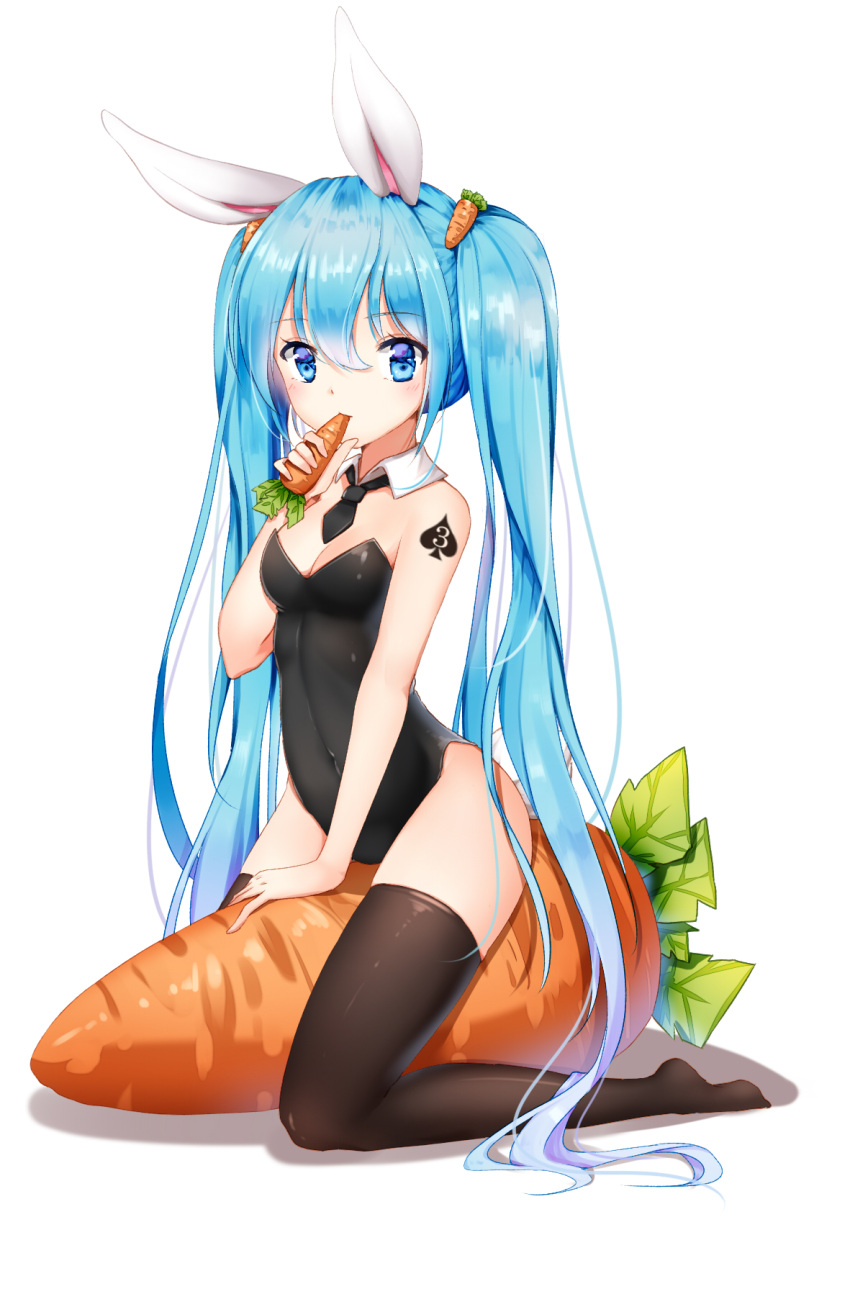 1girl 3 animal_ears bare_shoulders black_legwear black_necktie blue_eyes blue_hair blush breasts carrot carrot_hair_ornament cleavage collarbone covered_navel detached_collar eating eyebrows eyebrows_visible_through_hair food food_themed_hair_ornament full_body hair_ornament hatsune_miku highres holding holding_food kemonomimi_mode leotard long_hair mamemena mini_necktie necktie number rabbit_ears simple_background sitting solo straddling strapless strapless_leotard tareme tattoo thigh-highs upright_straddle vegetable very_long_hair vocaloid white_background wing_collar