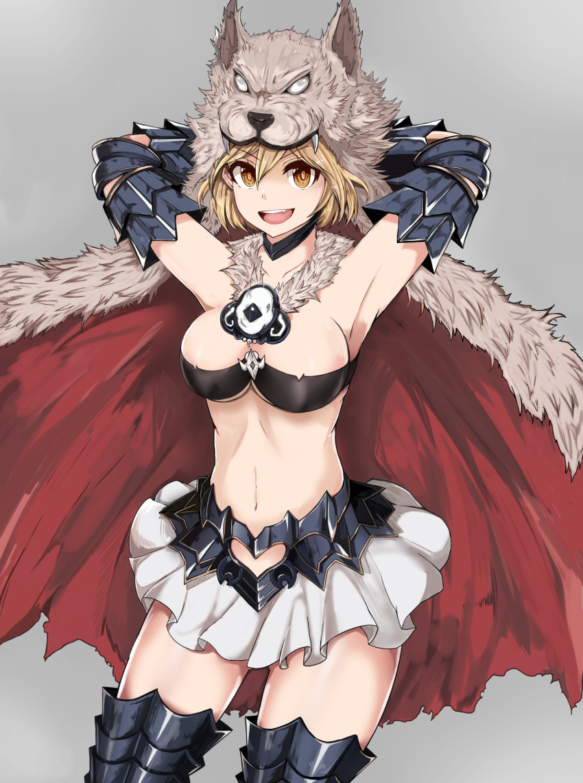 &gt;:d 1girl :d armor armpits arms_behind_head bandeau berserker_(granblue_fantasy) blonde_hair breasts brown_eyes cape collarbone djeeta_(granblue_fantasy) eyebrows eyebrows_visible_through_hair fur_collar granblue_fantasy grey_background hair_between_eyes heart_cutout highres koenza_botoke looking_at_viewer medium_breasts open_mouth pleated_skirt shirt short_hair simple_background skirt smile solo white_shirt wolf_hat