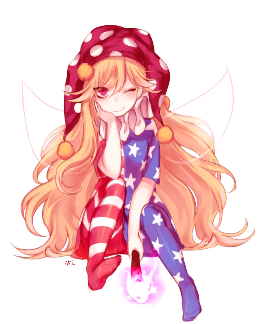 1girl american_flag_dress american_flag_legwear blonde_hair clownpiece dress fairy_wings fire hat highres jester_cap long_hair looking_at_viewer neck_ruff one_eye_closed pantyhose polka_dot red_eyes short_dress simple_background sitting smile solo star striped tis_(shan0x0shan) torch touhou very_long_hair white_background wings