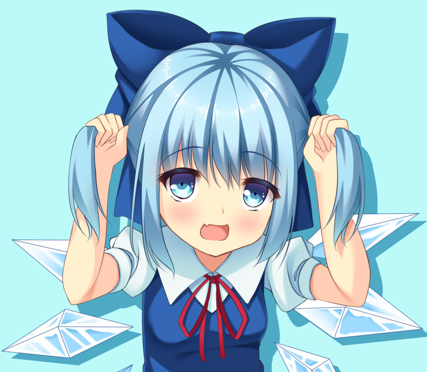 1girl :d blue_background blue_eyes blue_hair bow bowtie bunching_hair cirno fang hair_bow hair_ribbon highres ice ice_wings looking_at_viewer open_mouth ribbon short_hair simple_background smile solo tonchan touhou wings