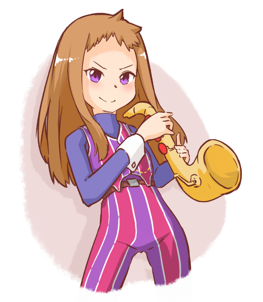 &gt;:) 1girl absurdres borisx brown_hair cosplay cowboy_shot highres idolmaster idolmaster_cinderella_girls instrument koseki_reina lazytown long_hair robbie_rotten robbie_rotten_(cosplay) saxophone simple_background smile solo vest violet_eyes white_background