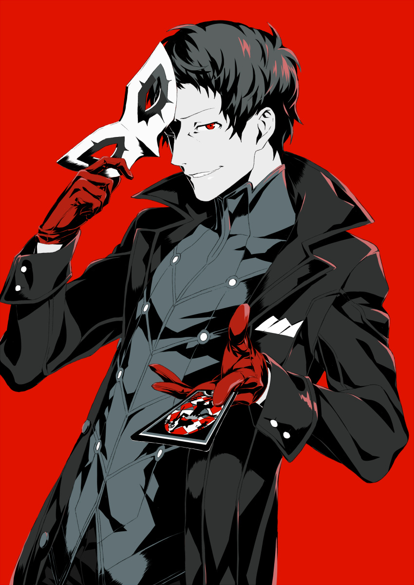 1boy absurdres adachi_tooru amamiya_ren amamiya_ren_(cosplay) arisawa_kuro arizuka_(catacombe) atlus black_hair cosplay gloves highres kurusu_akira kurusu_akira_(cosplay) looking_at_viewer male_focus mask mask_removed megami_tensei parted_lips persona persona_4 persona_5 protagonist_(persona_5)_cosplay red_background red_eyes red_gloves simple_background smile solo tarot trench_coat