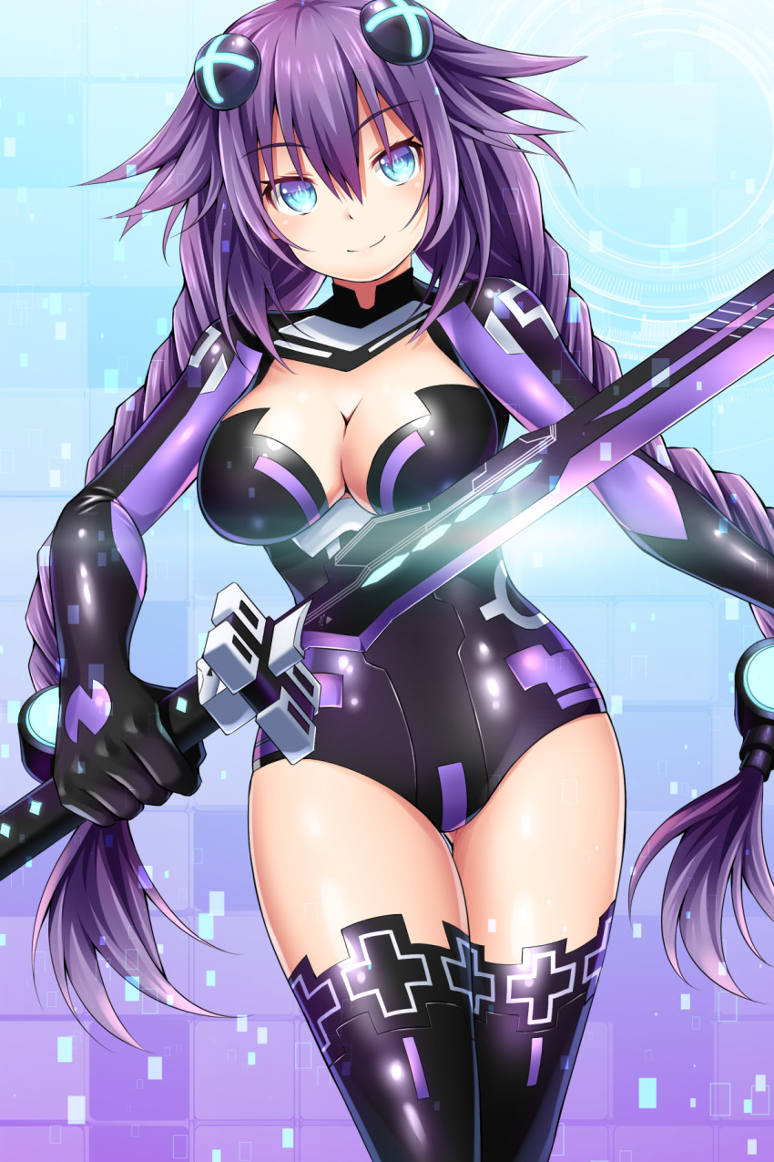 1girl blue_eyes braid breasts choujigen_game_neptune cleavage cleavage_cutout curvy gloves hair_ornament highres large_breasts leotard long_hair looking_at_viewer neptune_(choujigen_game_neptune) neptune_(series) oekakizuki purple_hair purple_heart smile solo sword symbol-shaped_pupils thigh-highs twin_braids twintails weapon wide_hips