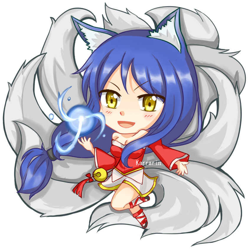 1girl absurdres ahri animal_ears bare_shoulders black_hair breasts chibi detached_sleeves fox_ears fox_tail highres korean_clothes large_breasts league_of_legends long_hair looking_at_viewer multiple_tails open_mouth simple_background solo tail white_background yellow_eyes