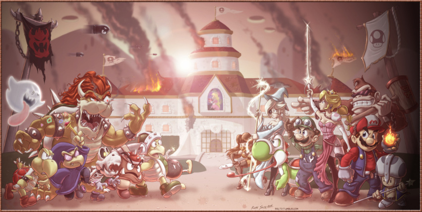 3girls 6+boys artist_name bangs blonde_hair blooper bob-omb boo bowser brown_hair bullet_bill cap castle creature donkey_kong dress dry_bones elbow_gloves fire gloves goggles_on_head goomba grin hammer_bro highres huge_tongue kamek koopa_troopa long_hair luigi mallet mario mini_crown monster mountain multiple_boys multiple_girls mustache nintendo ponytail princess princess_daisy princess_peach rosetta_(mario) short_hair smoke staff star starman_(mario) sun super_mario_bros. super_mario_galaxy super_mario_land sword thigh_boots toad toad_(mario) tongue tongue_out weapon web_address white_gloves yoshi