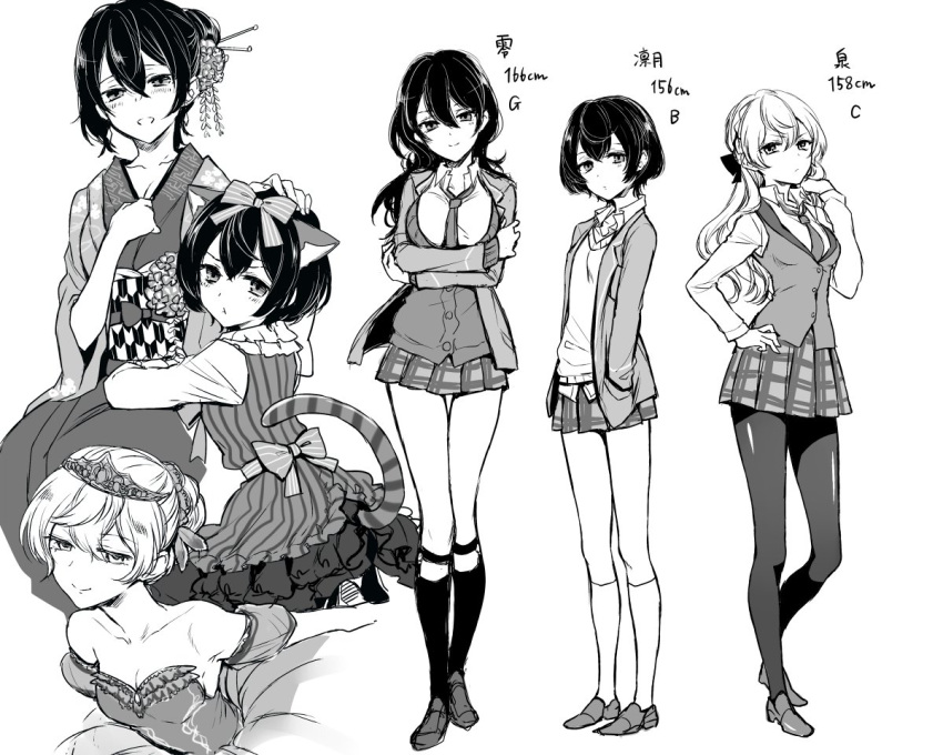 3girls animal_ears bow breasts cat_ears cat_tail character_name cleavage collarbone collared_shirt crossed_arms detached_sleeves dress ensemble_stars! epuko full_body genderswap genderswap_(mtf) greyscale hand_on_hip hands_in_pockets japanese_clothes kimono loafers long_sleeves looking_at_viewer monochrome multiple_girls necktie pantyhose petting plaid plaid_skirt pleated_skirt puffy_short_sleeves puffy_sleeves sakuma_rei_(ensemble_stars!) sakuma_ritsu sash school_uniform seiza sena_izumi_(ensemble_stars!) shirt shoes short_sleeves simple_background sitting skirt standing strapless strapless_dress tail thigh_gap tiara white_background wing_collar